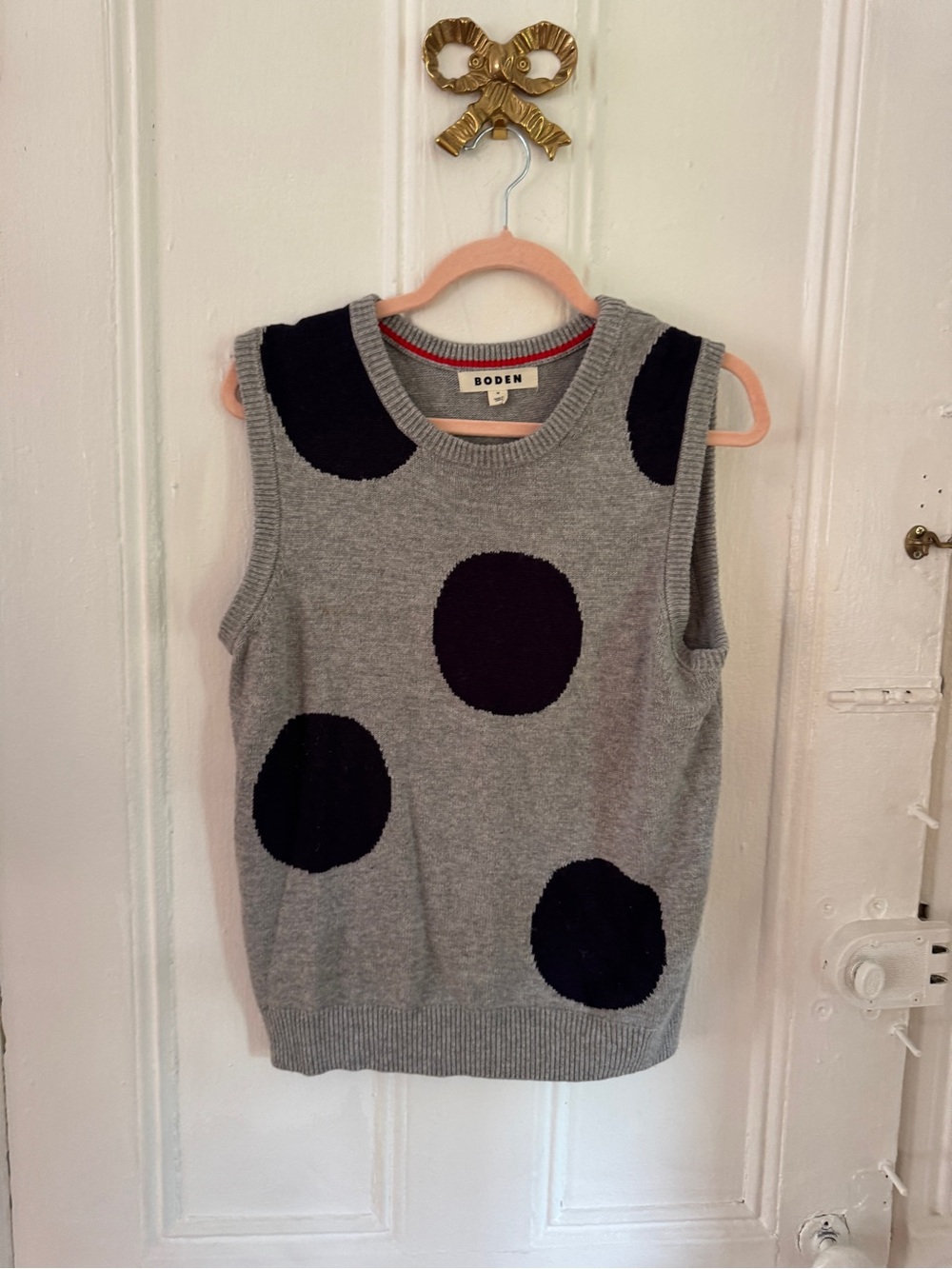 Boden Grey Sweater Vest with Large Black Polka Dots
